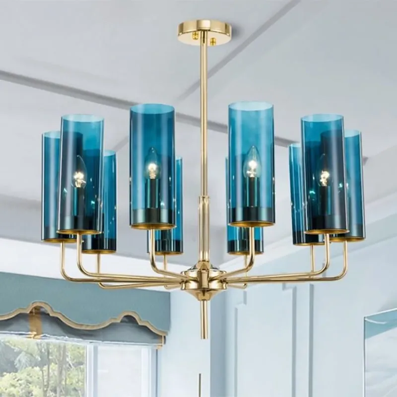 Modern Cylinder Chandelier: Blue/Amber Glass Lights in Gold for Living Room