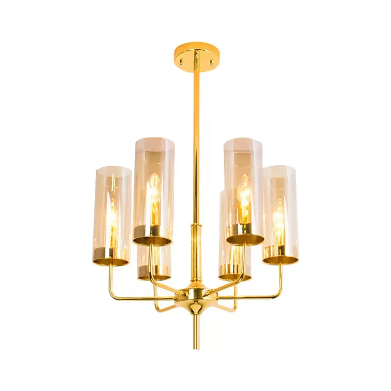 Modern Cylinder Chandelier: Blue/Amber Glass Lights in Gold for Living Room