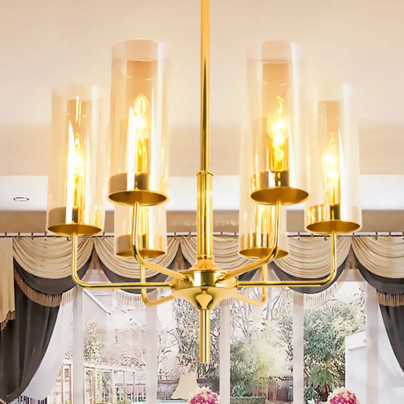 Modern Cylinder Chandelier: Blue/Amber Glass Lights in Gold for Living Room