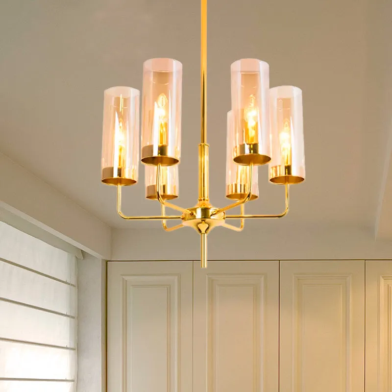 Modern Cylinder Chandelier: Blue/Amber Glass Lights in Gold for Living Room