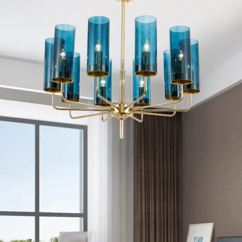 Modern Cylinder Chandelier: Blue/Amber Glass Lights in Gold for Living Room