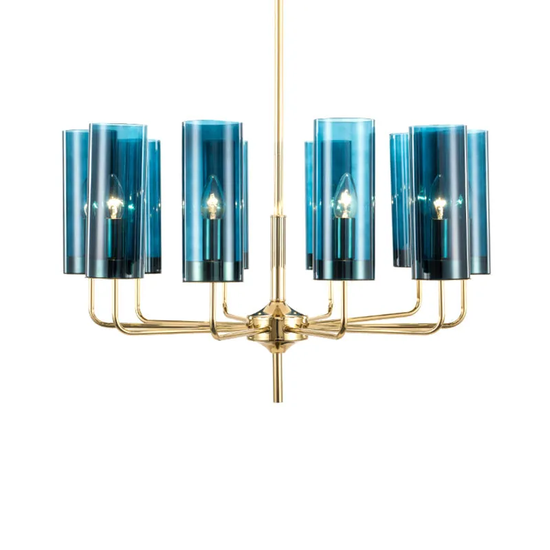 Modern Cylinder Chandelier: Blue/Amber Glass Lights in Gold for Living Room