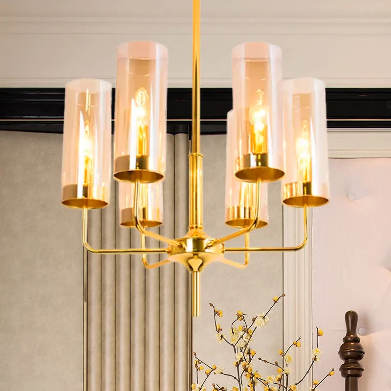 Modern Cylinder Chandelier: Blue/Amber Glass Lights in Gold for Living Room