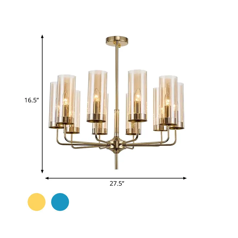 Modern Cylinder Chandelier: Blue/Amber Glass Lights in Gold for Living Room