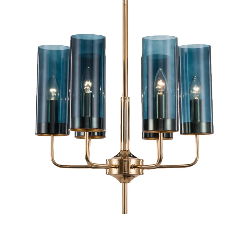 Modern Cylinder Chandelier: Blue/Amber Glass Lights in Gold for Living Room