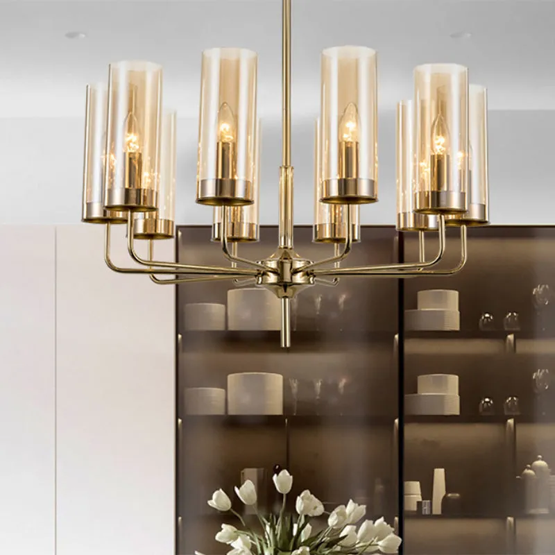 Modern Cylinder Chandelier: Blue/Amber Glass Lights in Gold for Living Room