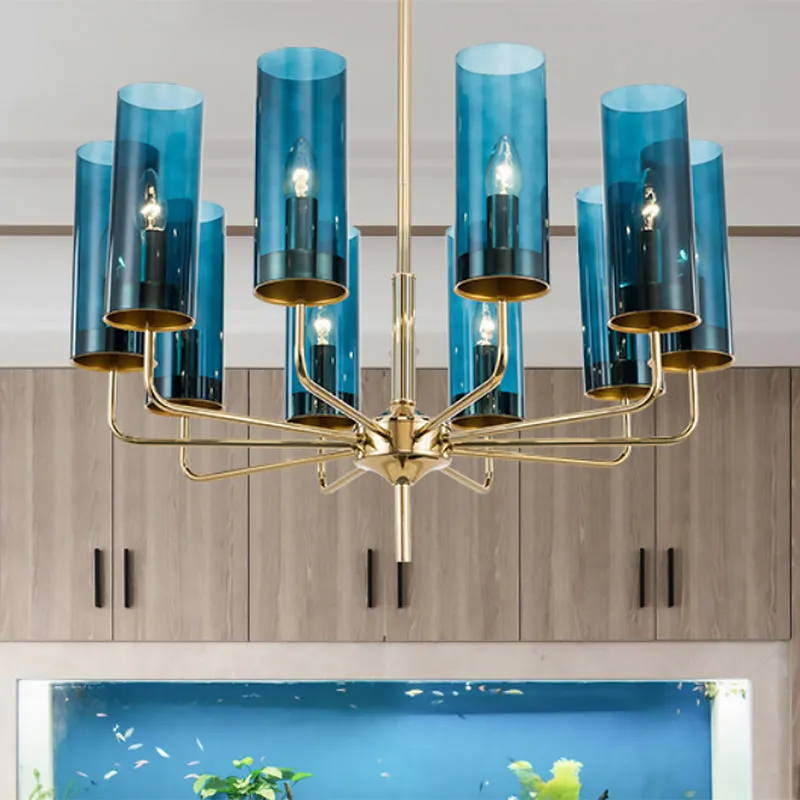 Modern Cylinder Chandelier: Blue/Amber Glass Lights in Gold for Living Room