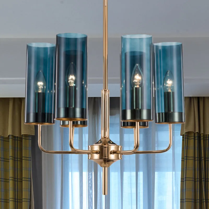 Modern Cylinder Chandelier: Blue/Amber Glass Lights in Gold for Living Room