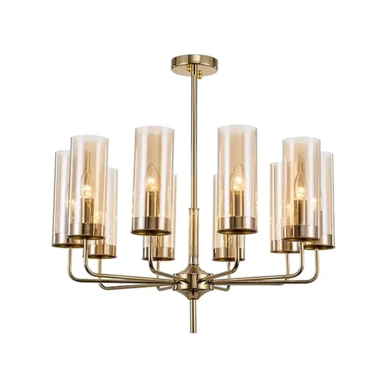 Modern Cylinder Chandelier: Blue/Amber Glass Lights in Gold for Living Room