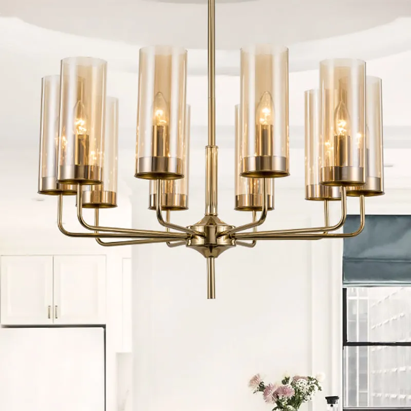 Modern Cylinder Chandelier: Blue/Amber Glass Lights in Gold for Living Room