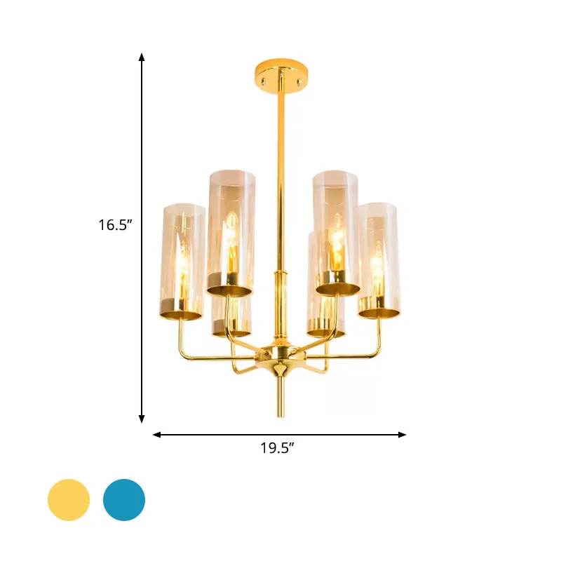 Modern Cylinder Chandelier: Blue/Amber Glass Lights in Gold for Living Room