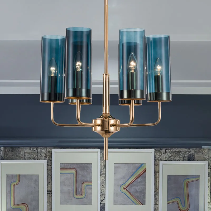 Modern Cylinder Chandelier: Blue/Amber Glass Lights in Gold for Living Room