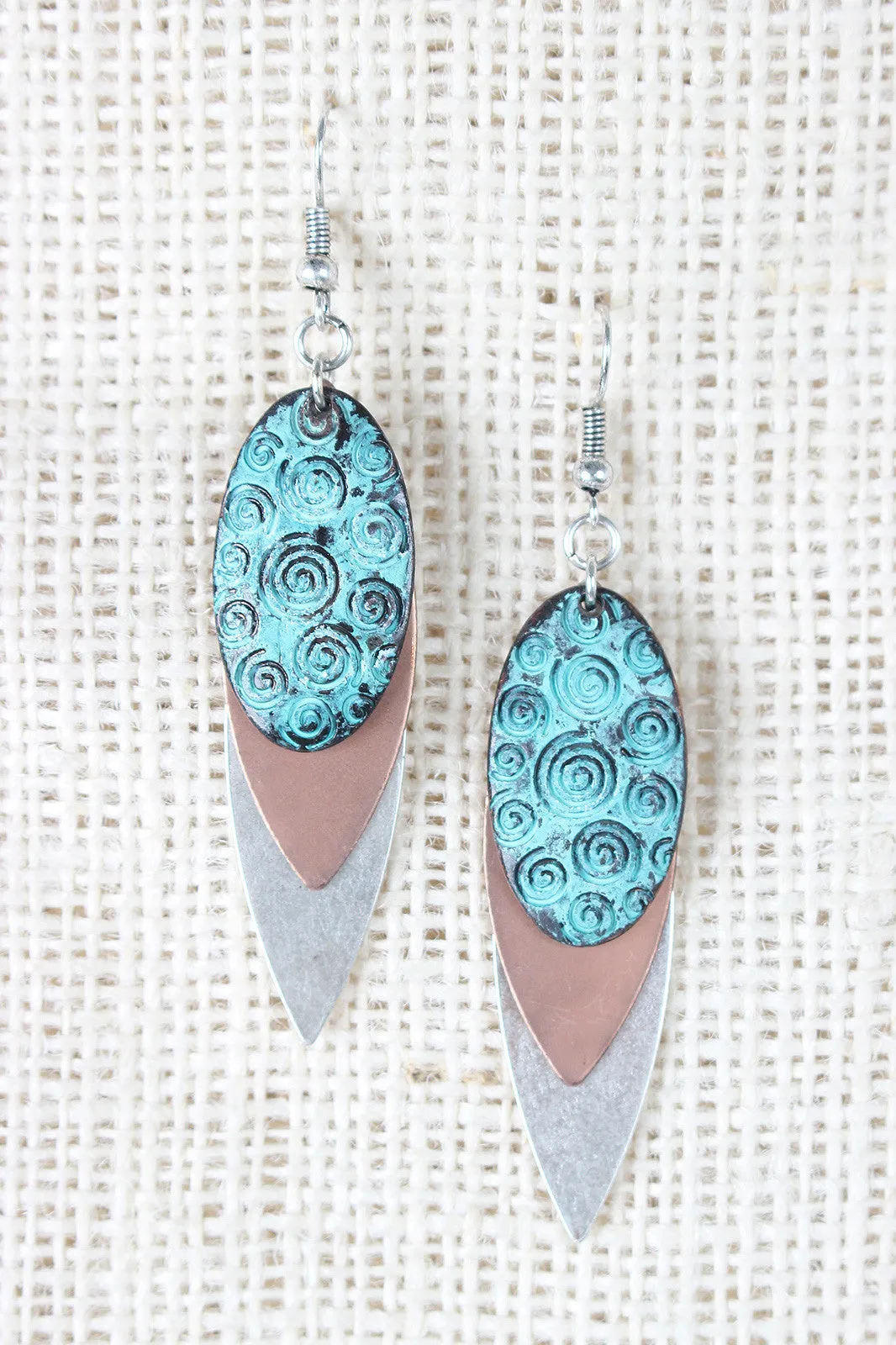 Multi-Colored Etched Spiral Layered Dangle Earrings