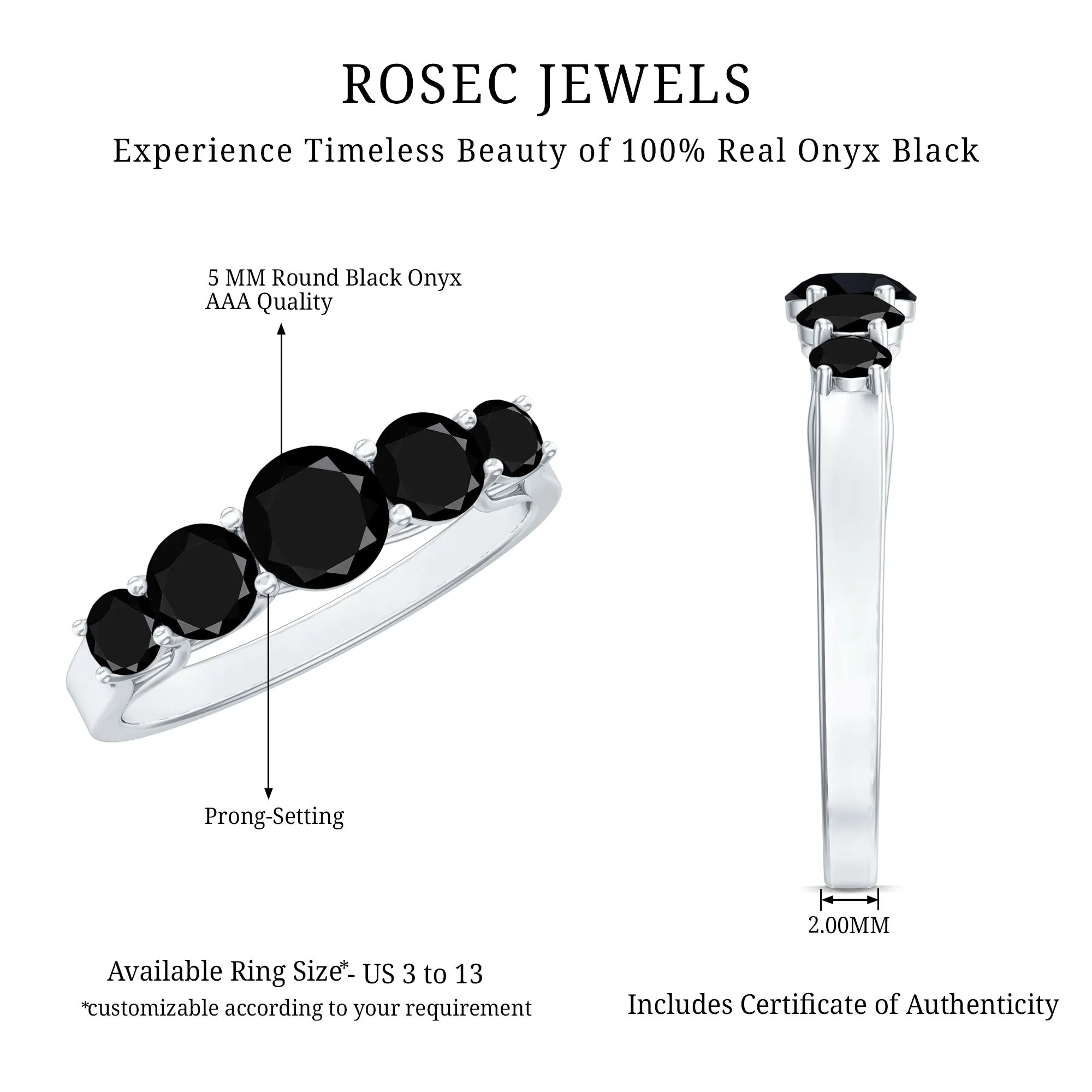 Natural Black Onyx 5 Stone Anniversary Ring in Graduated Style