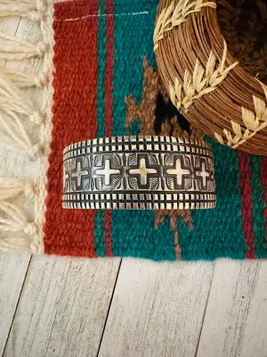 Navajo Hand Stamped Sterling Silver Cross Cuff Bracelet By Elvira Bill