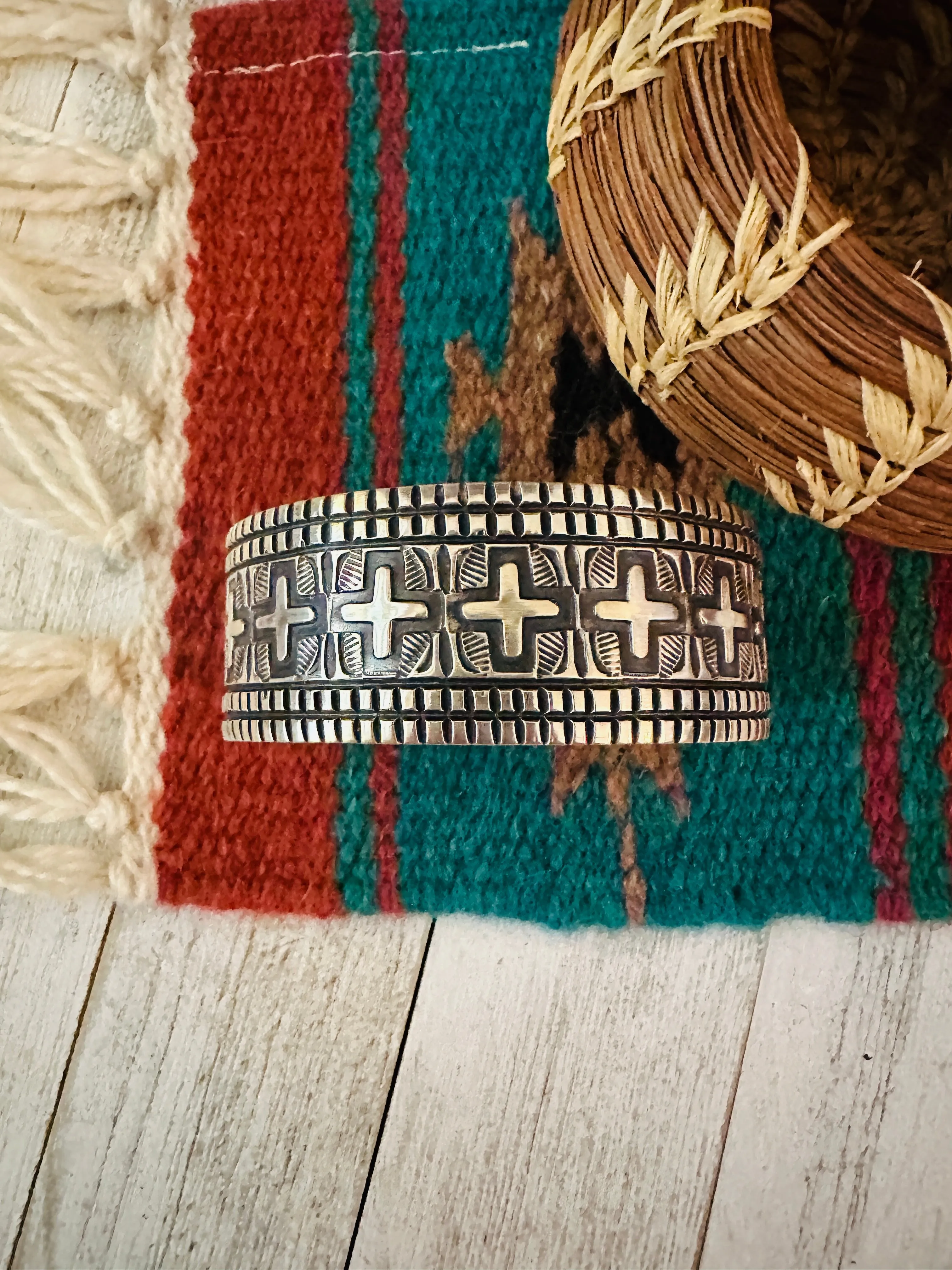 Navajo Hand Stamped Sterling Silver Cross Cuff Bracelet By Elvira Bill