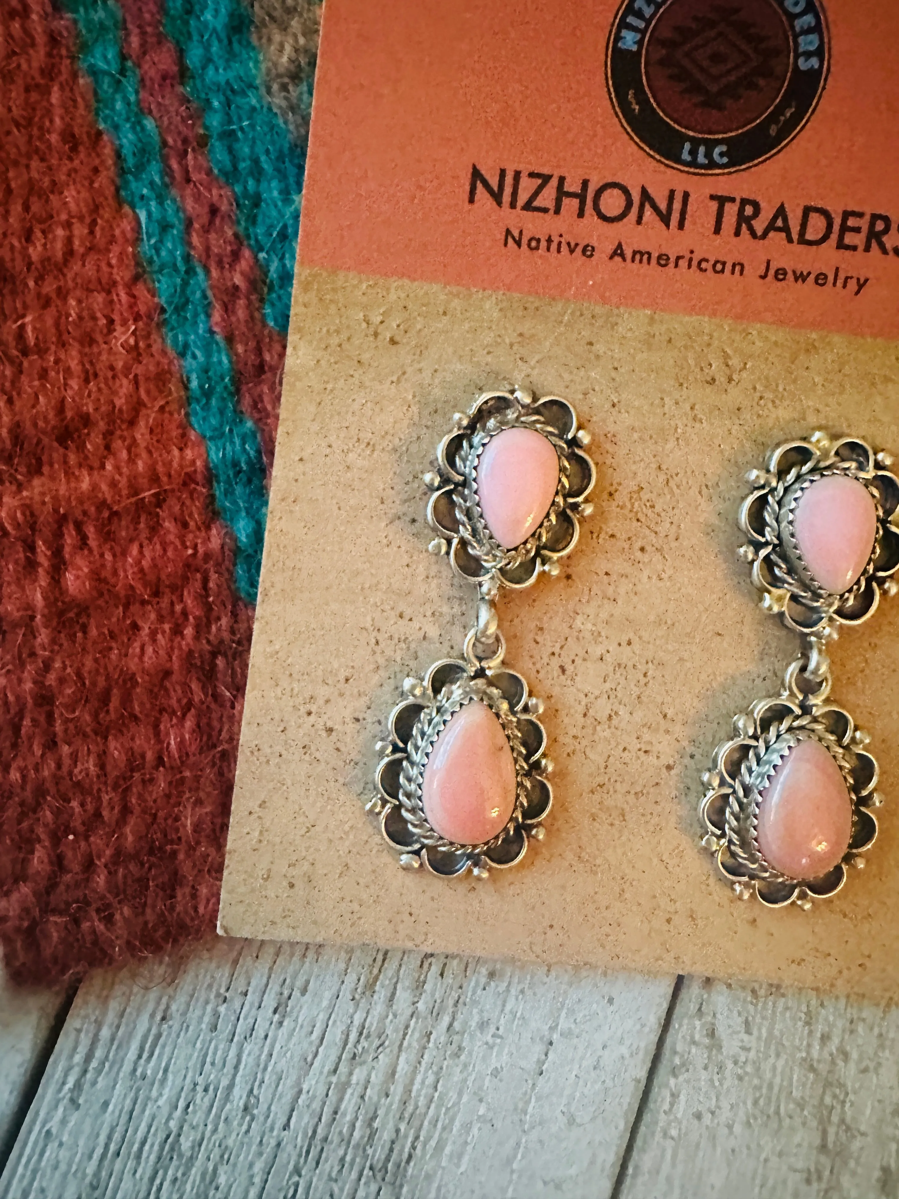 Navajo Queen Pink Conch & Sterling Silver Two Stone Dangle Earrings