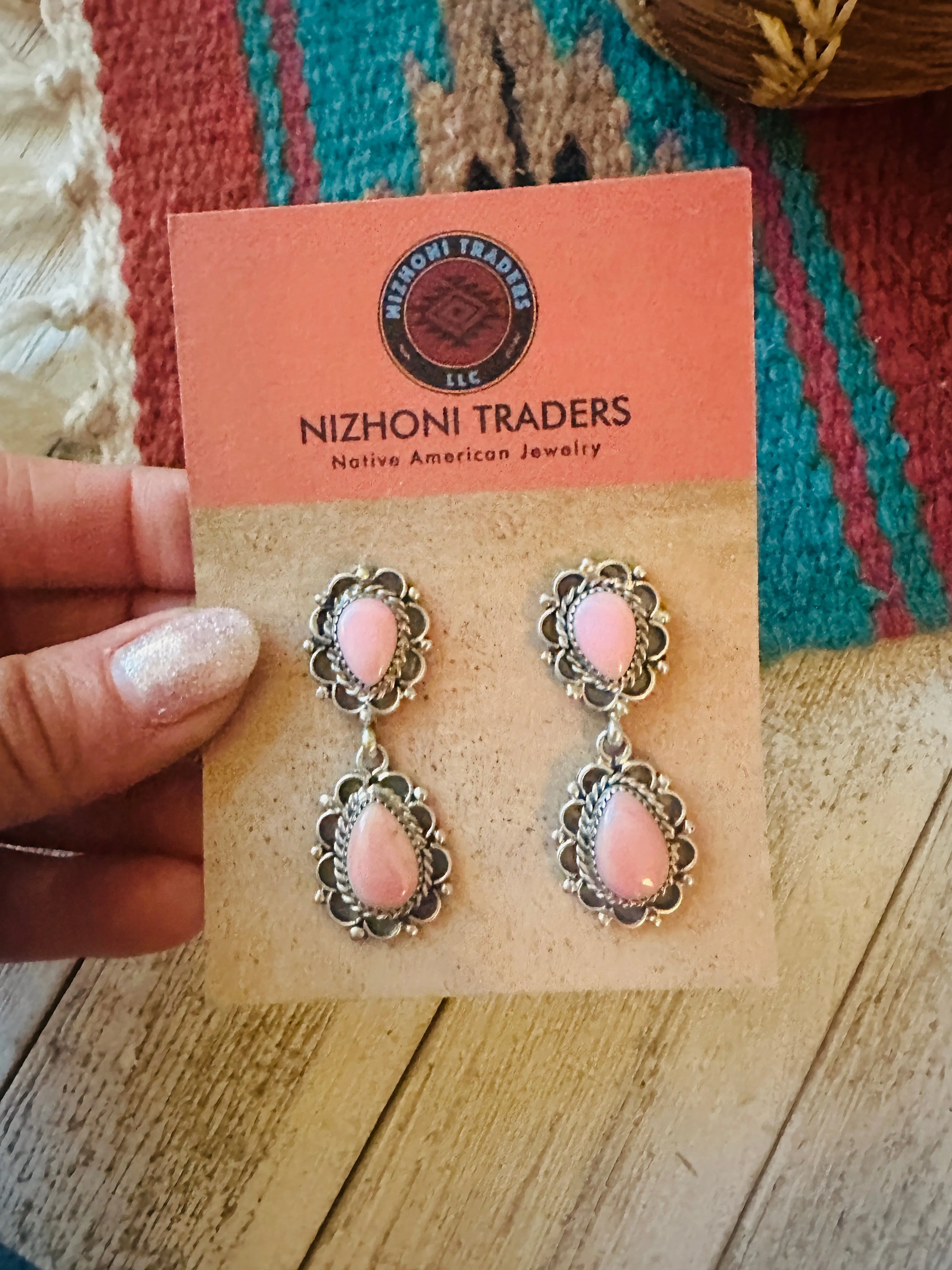 Navajo Queen Pink Conch & Sterling Silver Two Stone Dangle Earrings