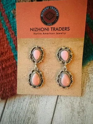 Navajo Queen Pink Conch & Sterling Silver Two Stone Dangle Earrings