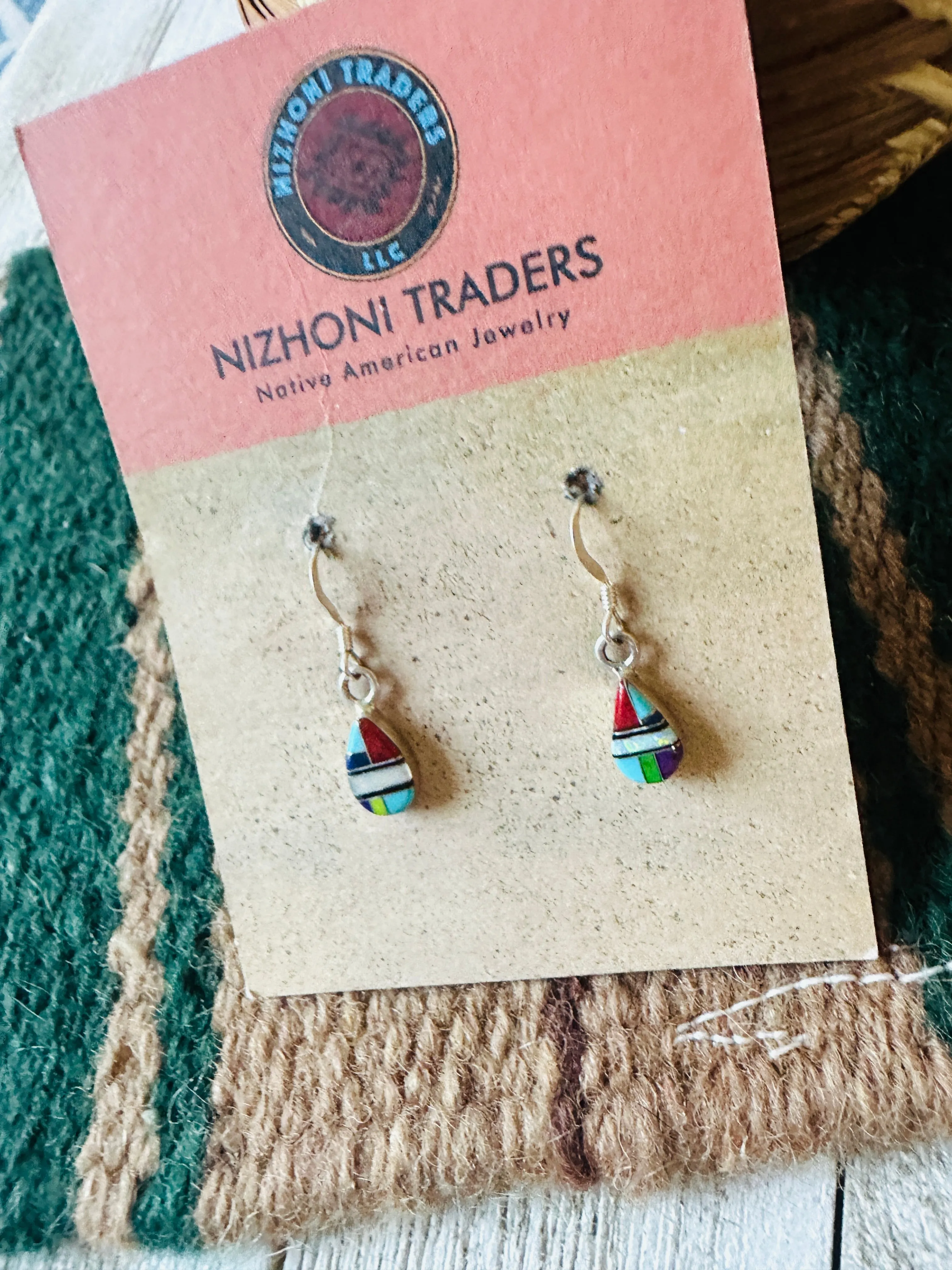 Navajo Sterling Silver & Multi Stone Teardrop Dangle Earrings