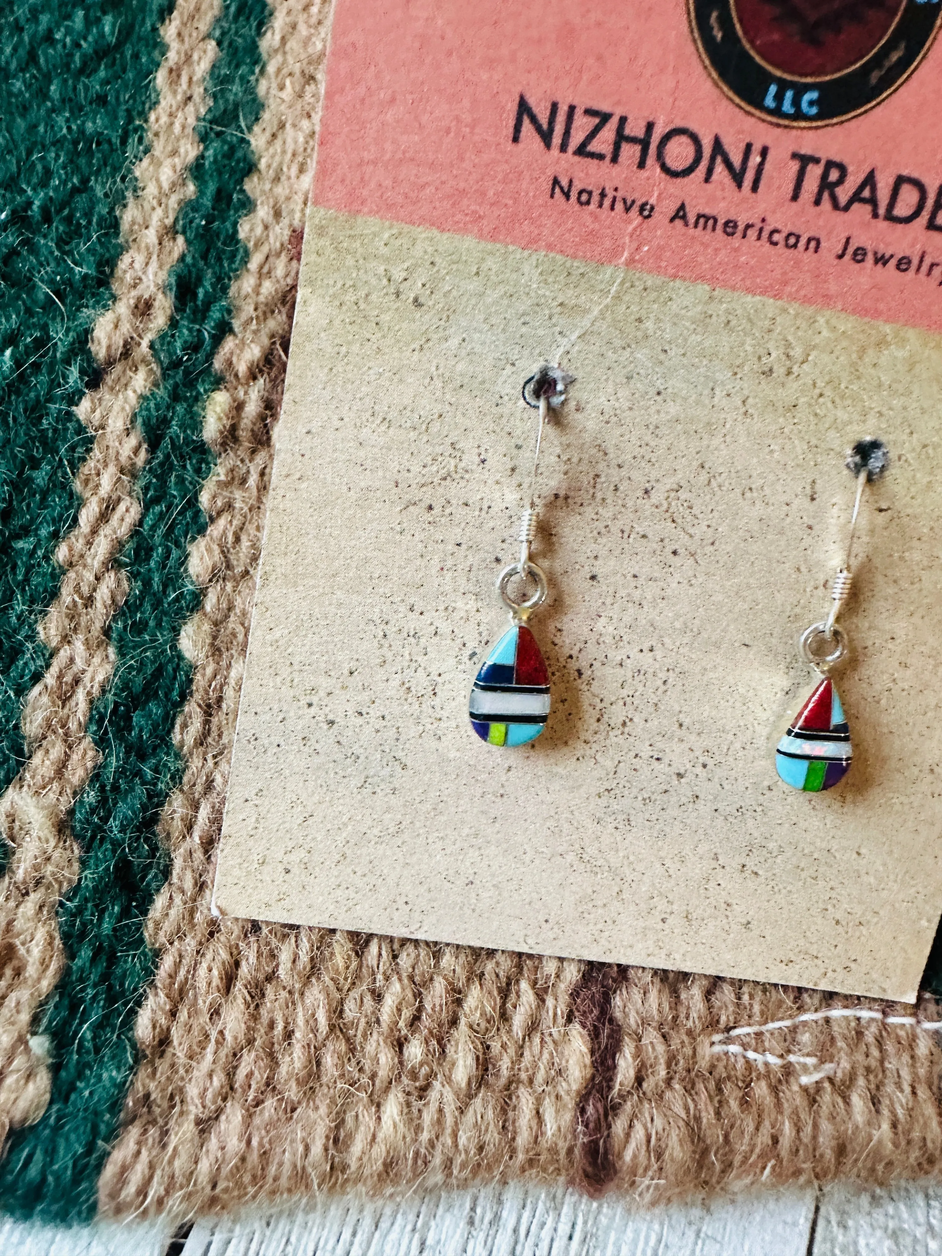 Navajo Sterling Silver & Multi Stone Teardrop Dangle Earrings