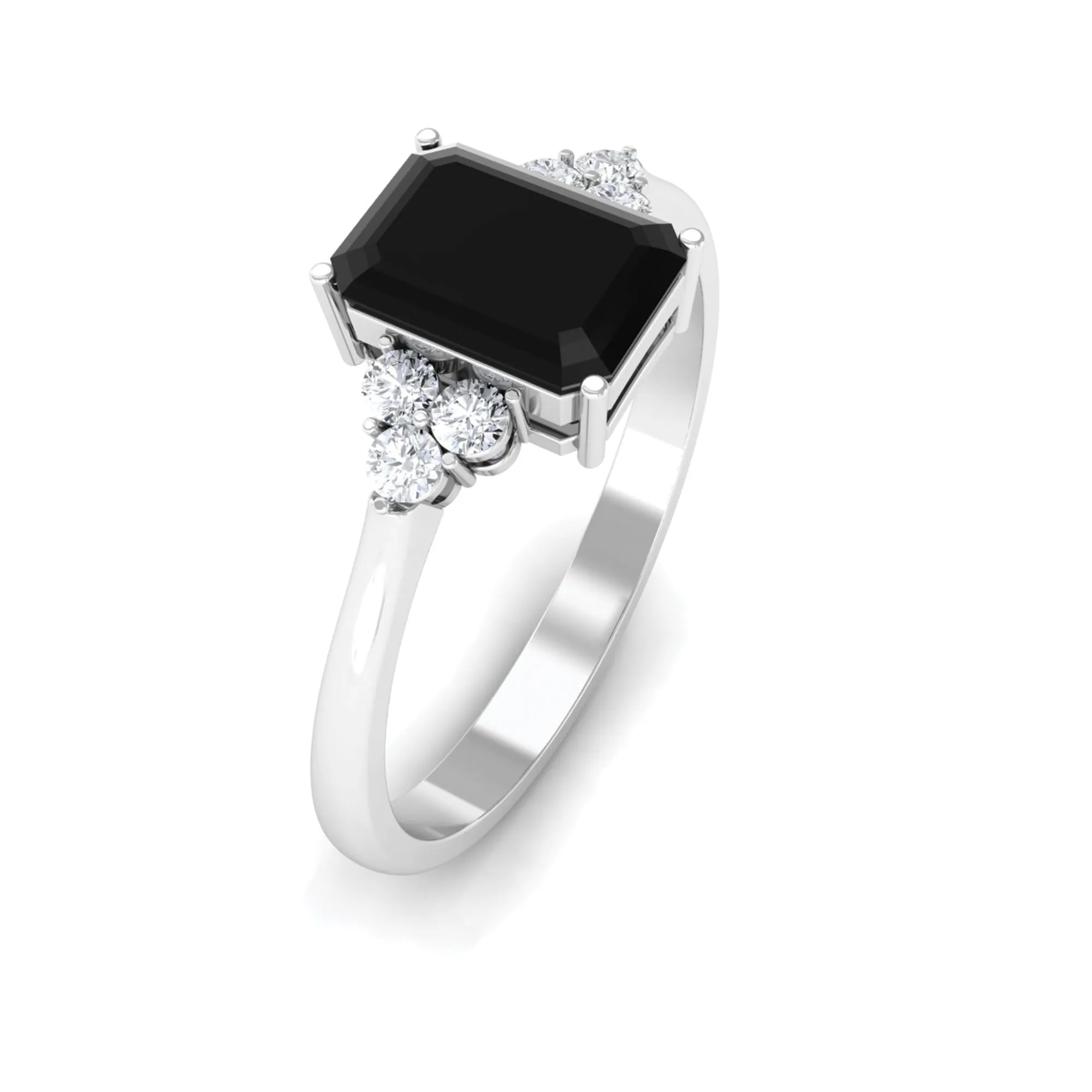 Octagon Created Black Diamond Solitaire Engagement Ring with Diamond Trio