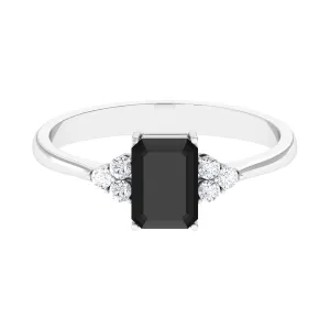 Octagon Created Black Diamond Solitaire Engagement Ring with Diamond Trio