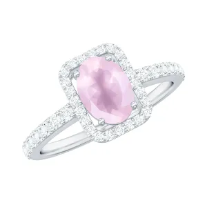 Oval Cut Rose Quartz Engagement Ring with Diamond Halo