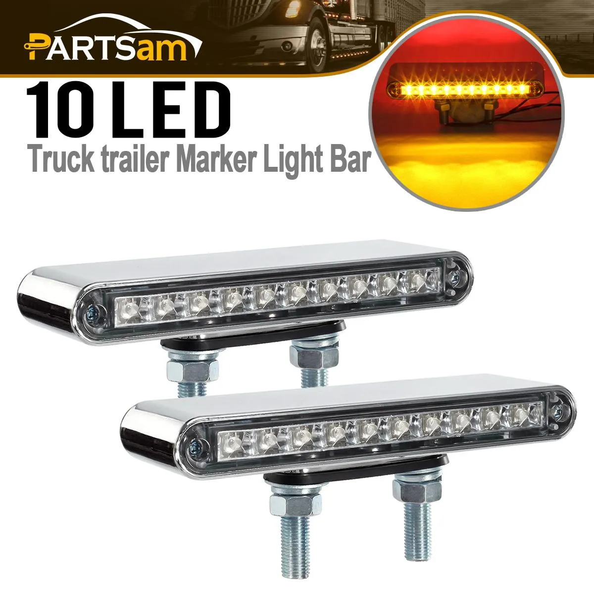 Partsam 2Pcs 6.5inch Double Face Truck Semi Trailer Light Bars 10LED Red/Amber Clear Lens Waterproof with Double Studs Sealed Dual Face Led Turn Signal Stop Tail Marker Lights 12V