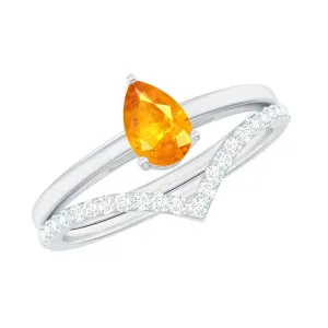 Pear Cut Orange Sapphire Ring Set with Diamond