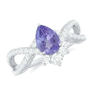 Pear Shape Tanzanite Solitaire Crossover Ring with Diamonds