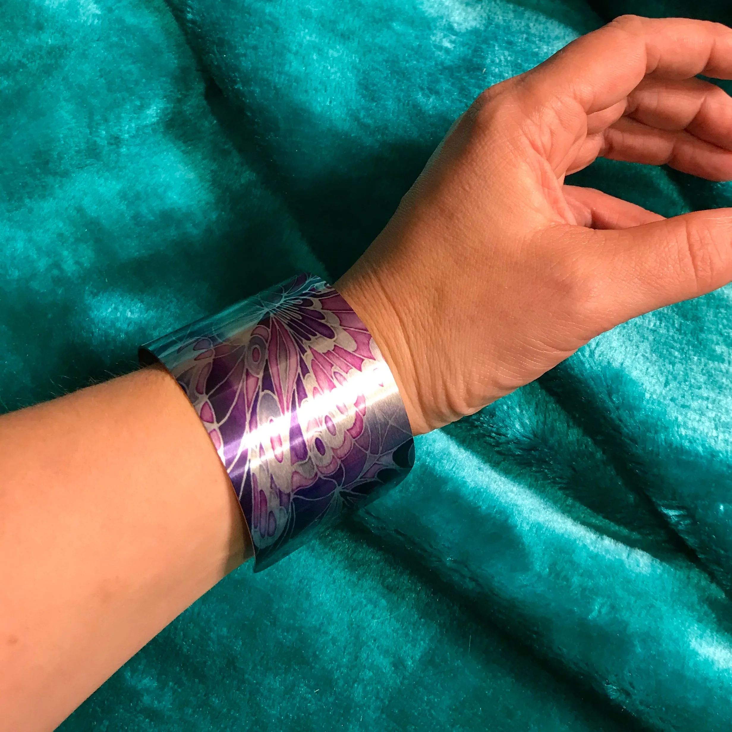 Pretty Purple Butterfly Statement Cuff Bracelet - easy wear lightweight aluminium.