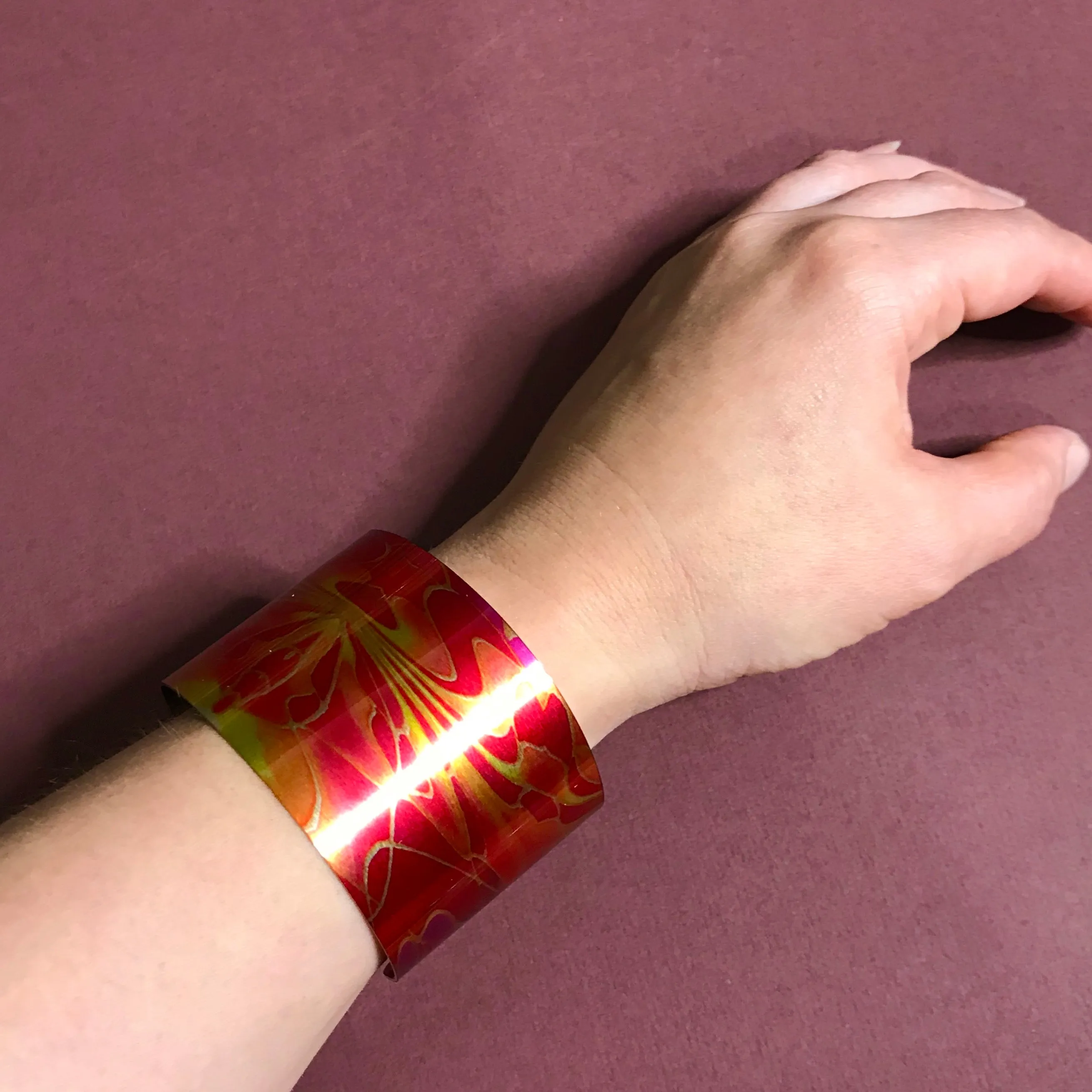 Red Pink Yellow Contemporary Bracelet - easy wear lightweight aluminium.