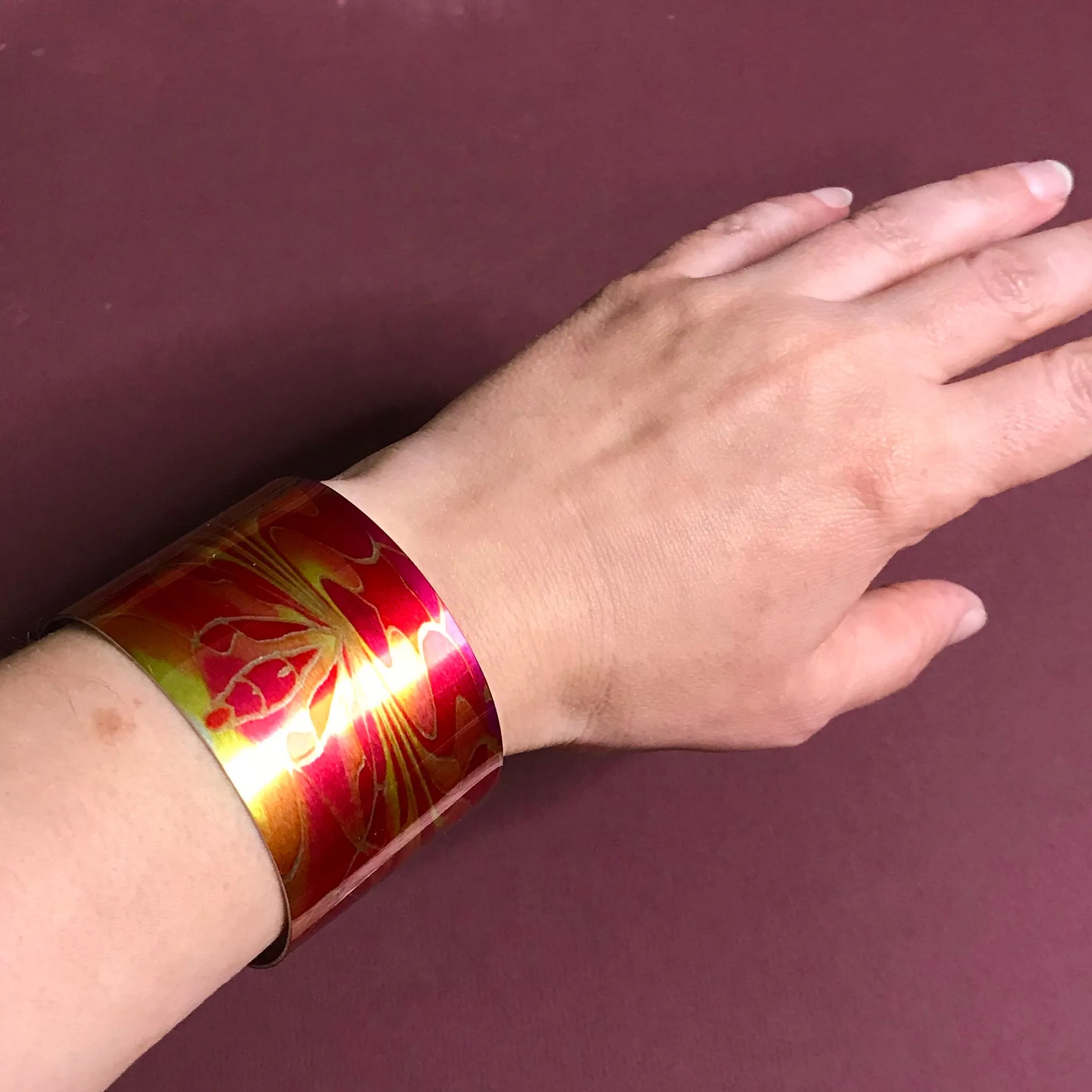 Red Pink Yellow Contemporary Bracelet - easy wear lightweight aluminium.