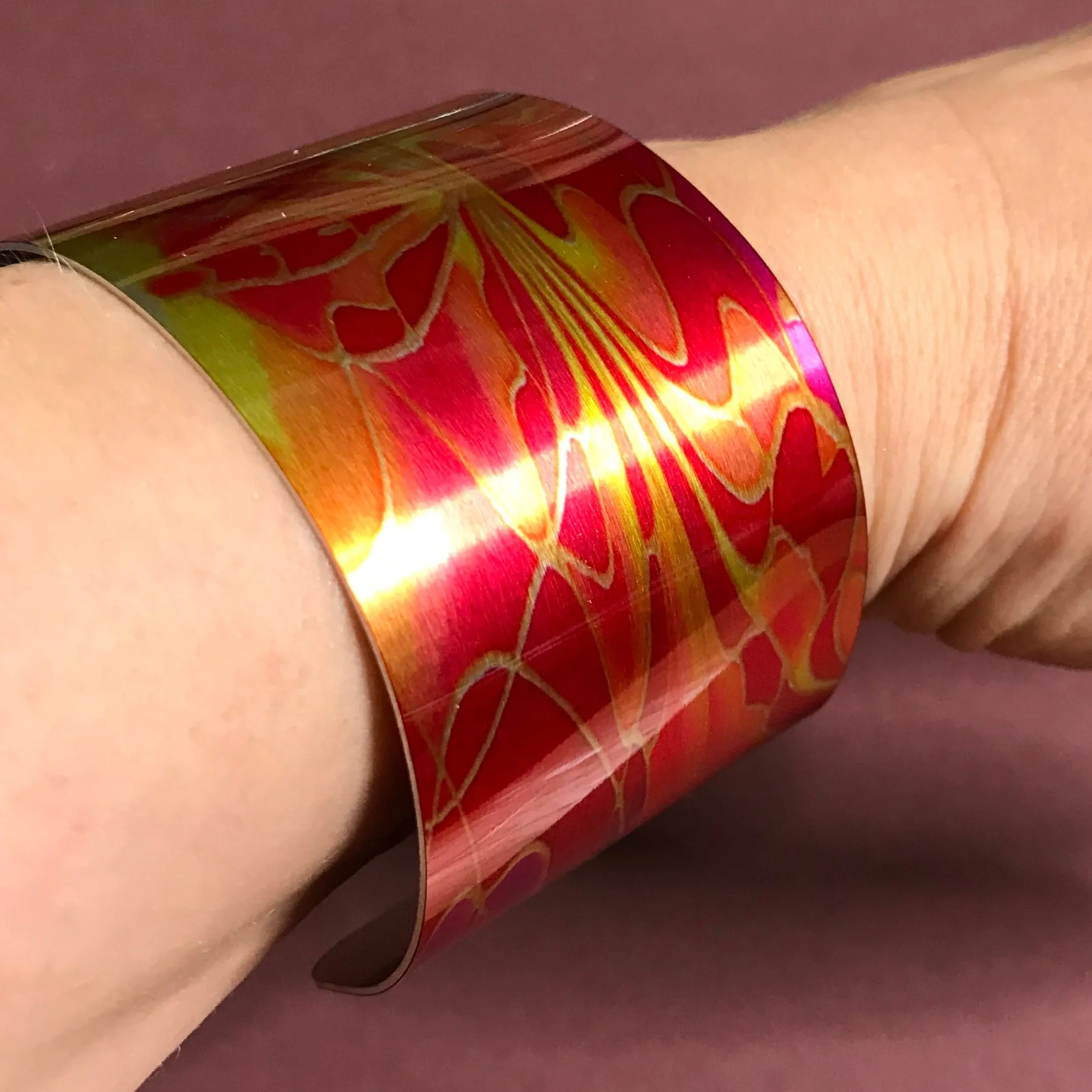 Red Pink Yellow Contemporary Bracelet - easy wear lightweight aluminium.