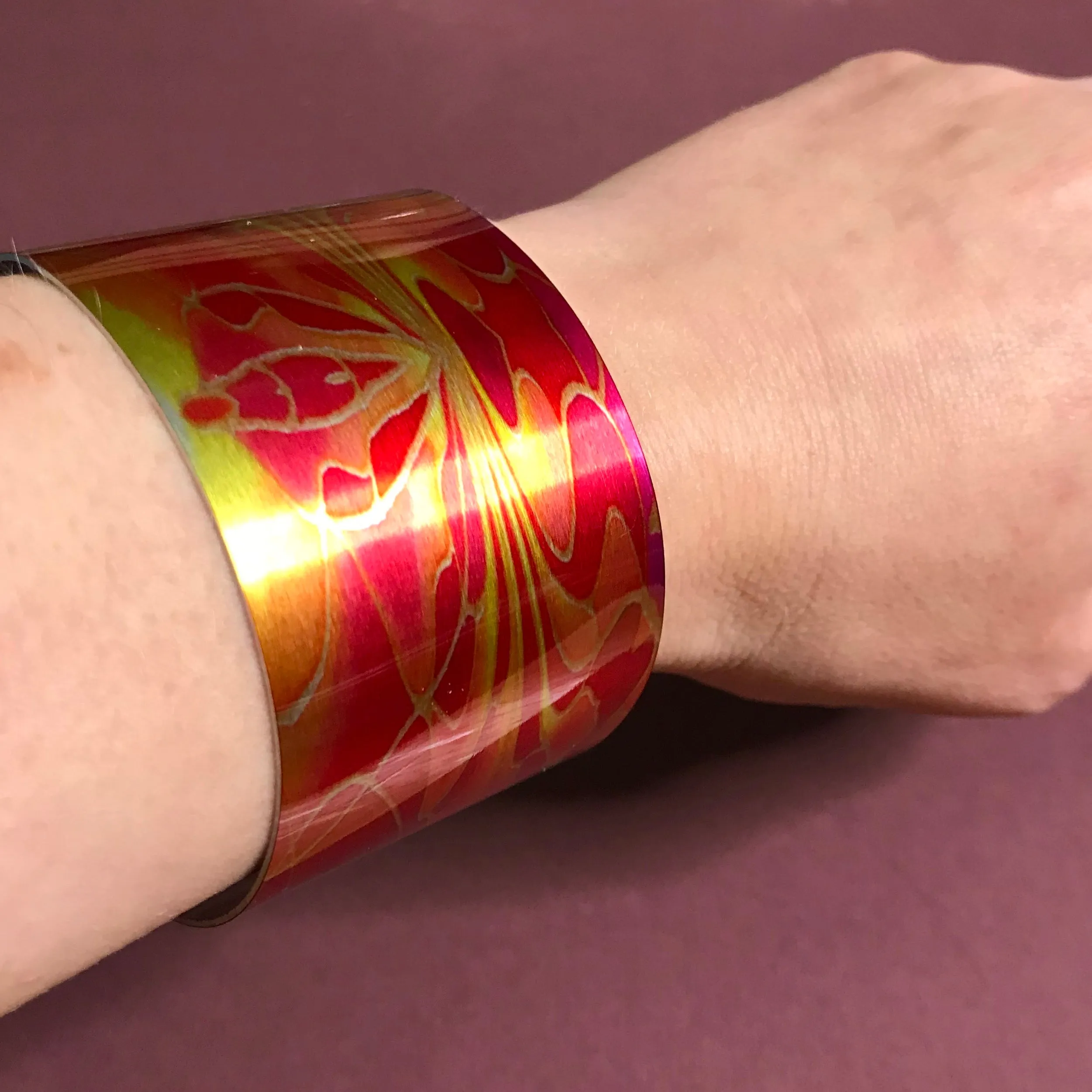 Red Pink Yellow Contemporary Bracelet - easy wear lightweight aluminium.