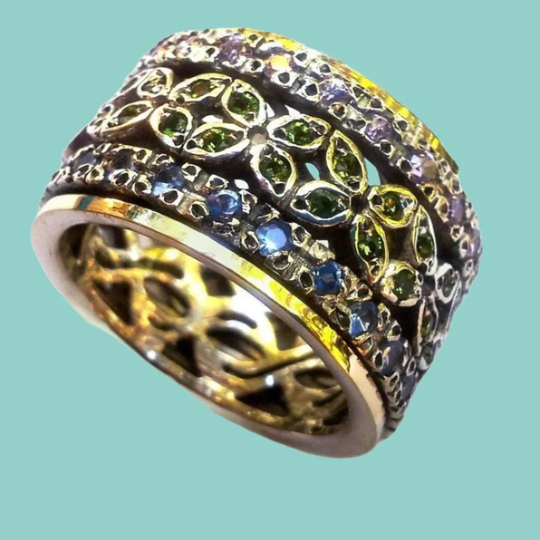 Rings from Israel Spinner Ring for woman, set green blue topaz & amethysts zircons