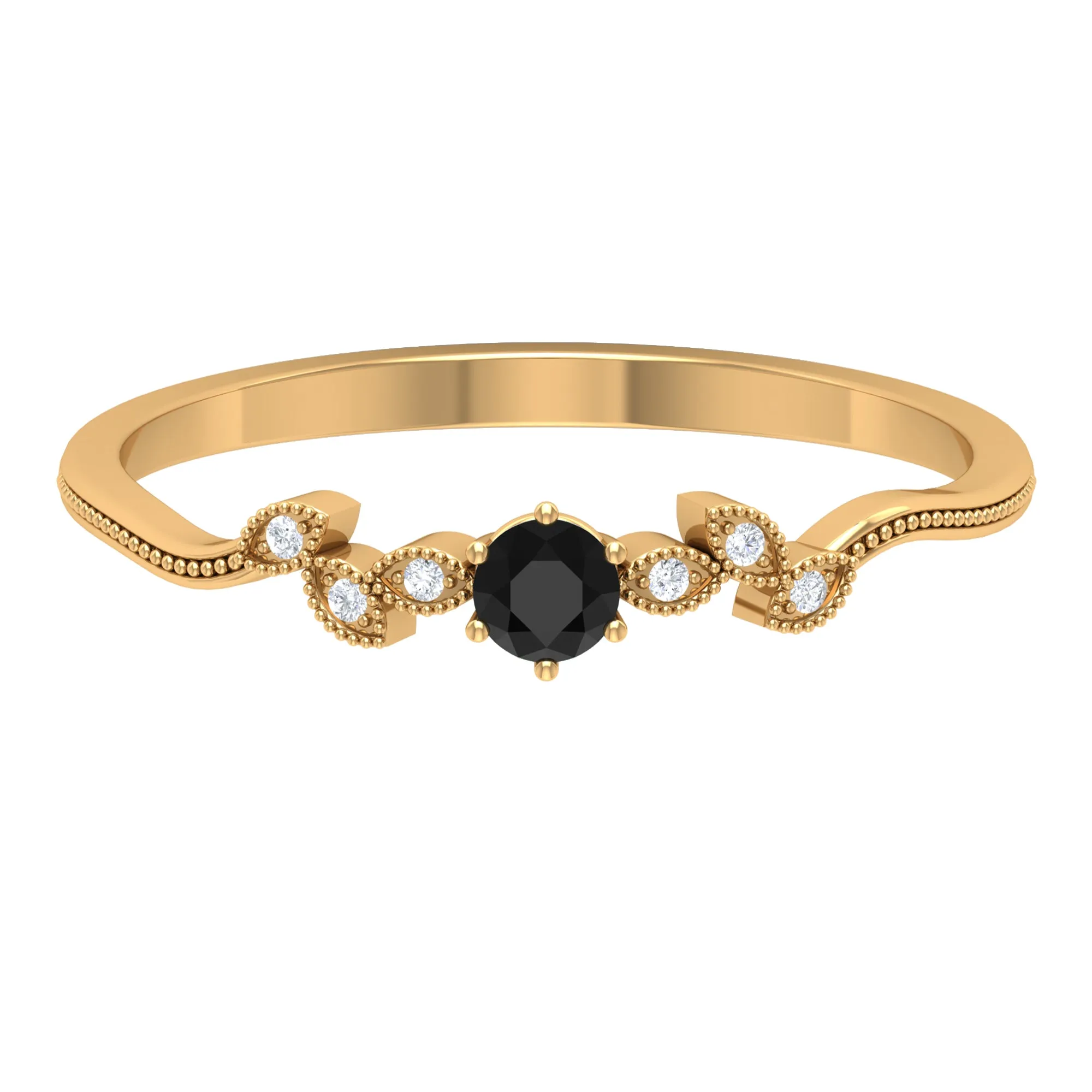 Round Black Spinel Minimal Leaf Promise Ring with Diamond in Gold