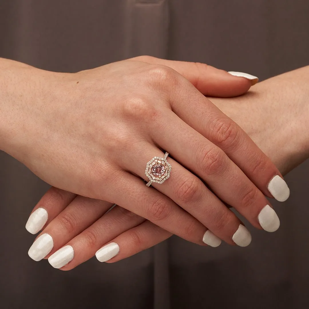 Round Fancy Cut Morganite & Diamond Double Halo Ring