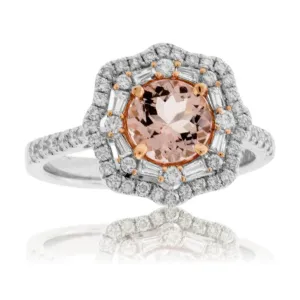 Round Fancy Cut Morganite & Diamond Double Halo Ring