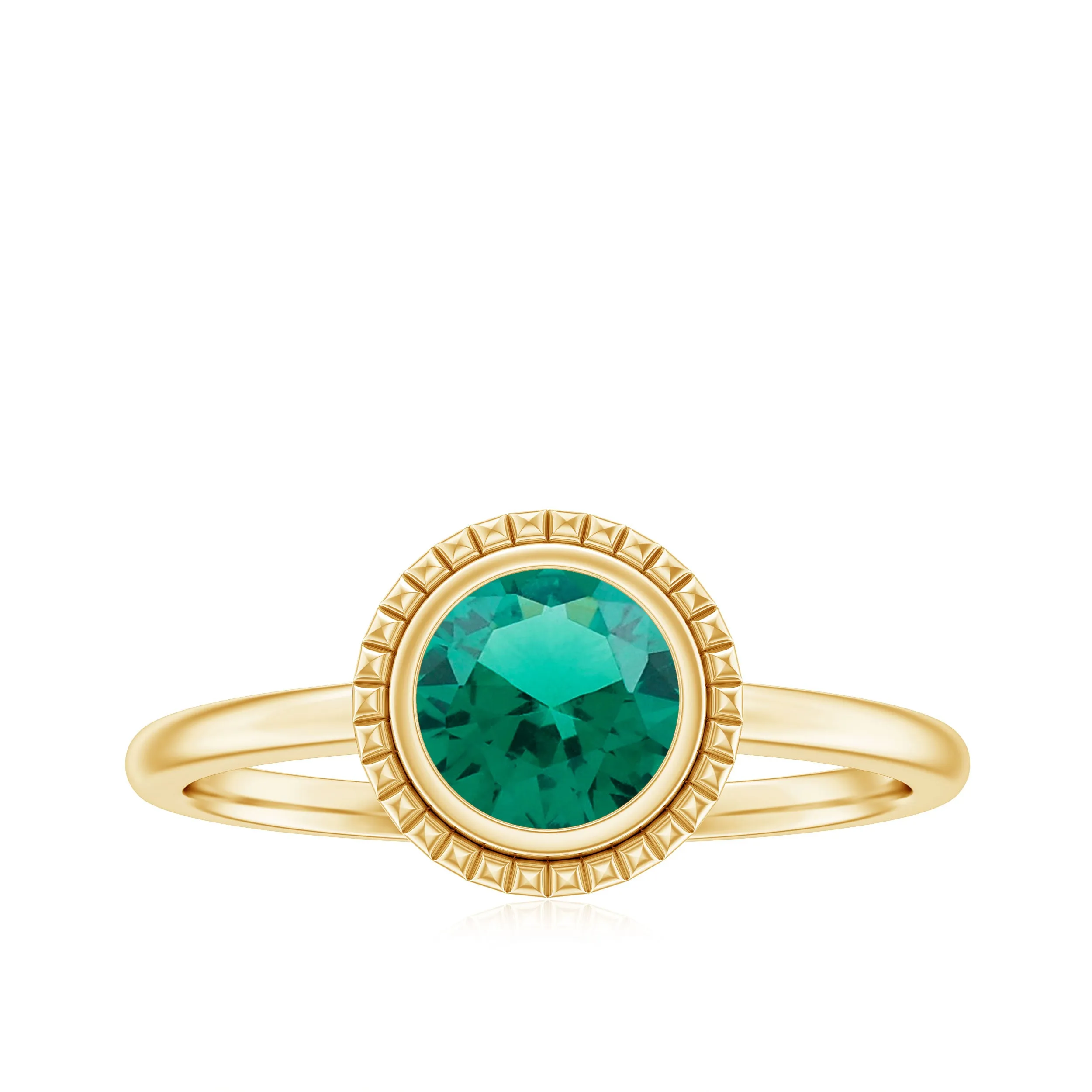 Round Lab-Created Emerald Solitaire Gold Ring in Bezel Setting