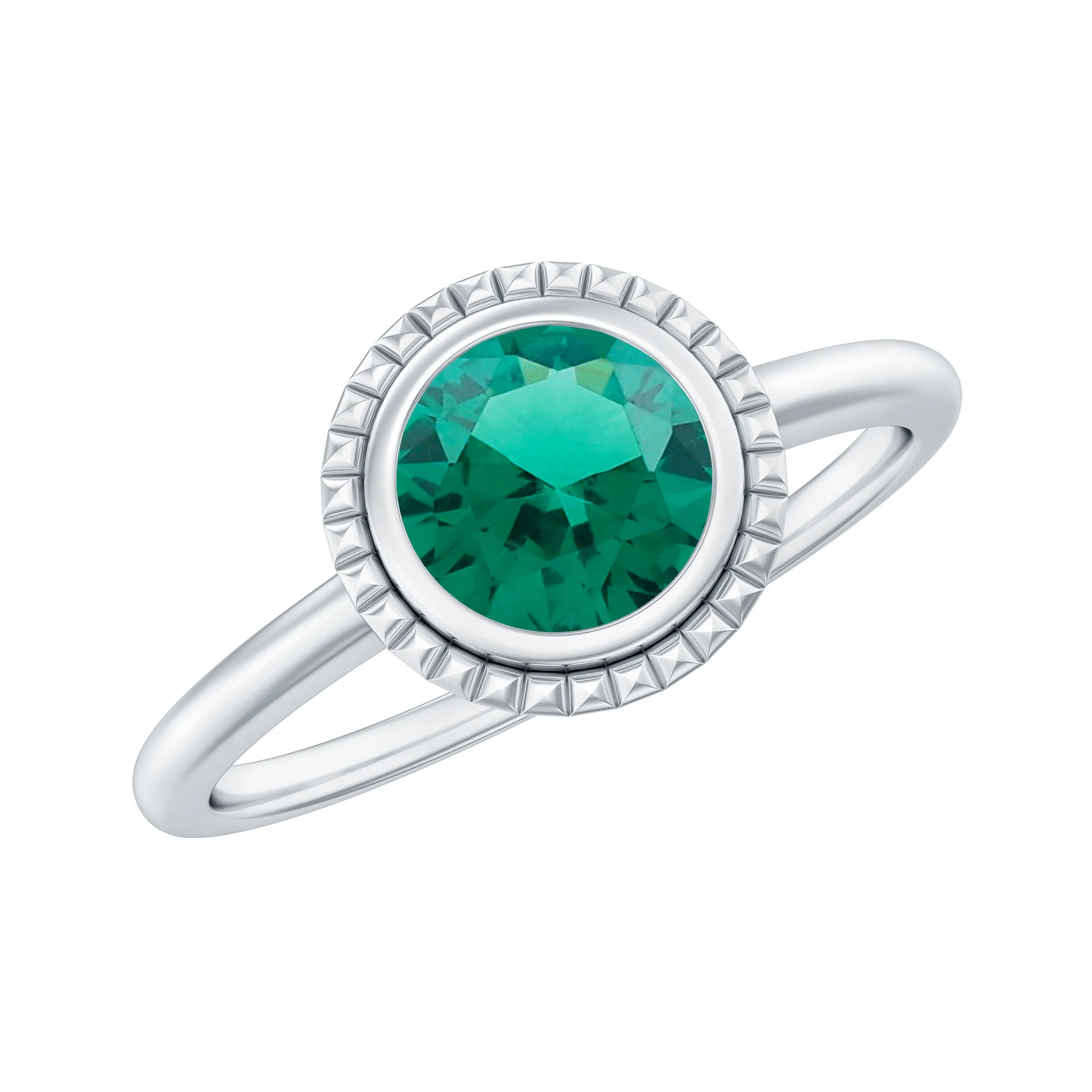 Round Lab-Created Emerald Solitaire Gold Ring in Bezel Setting