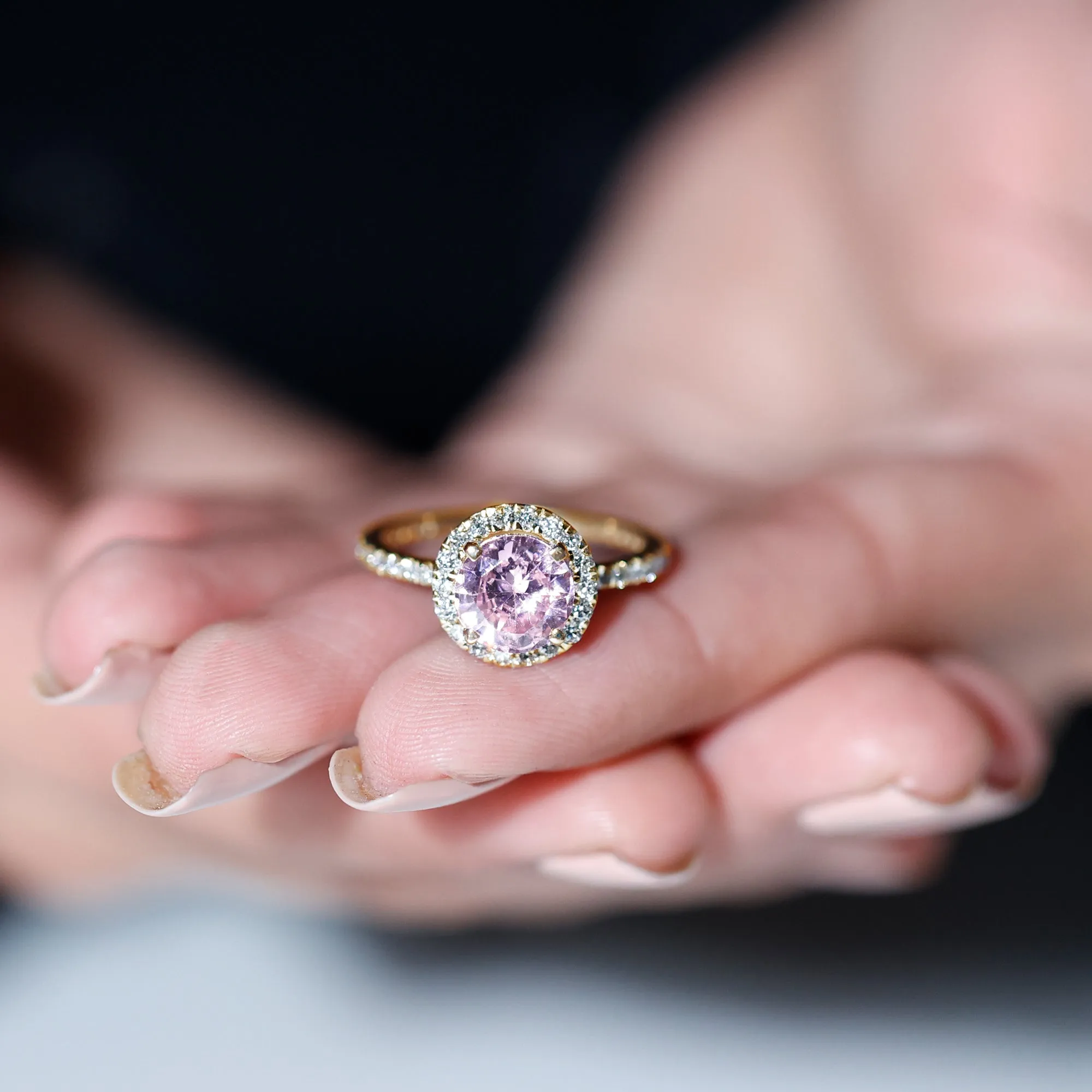 Round Lab Created Pink Sapphire Halo Engagement Ring with Diamond