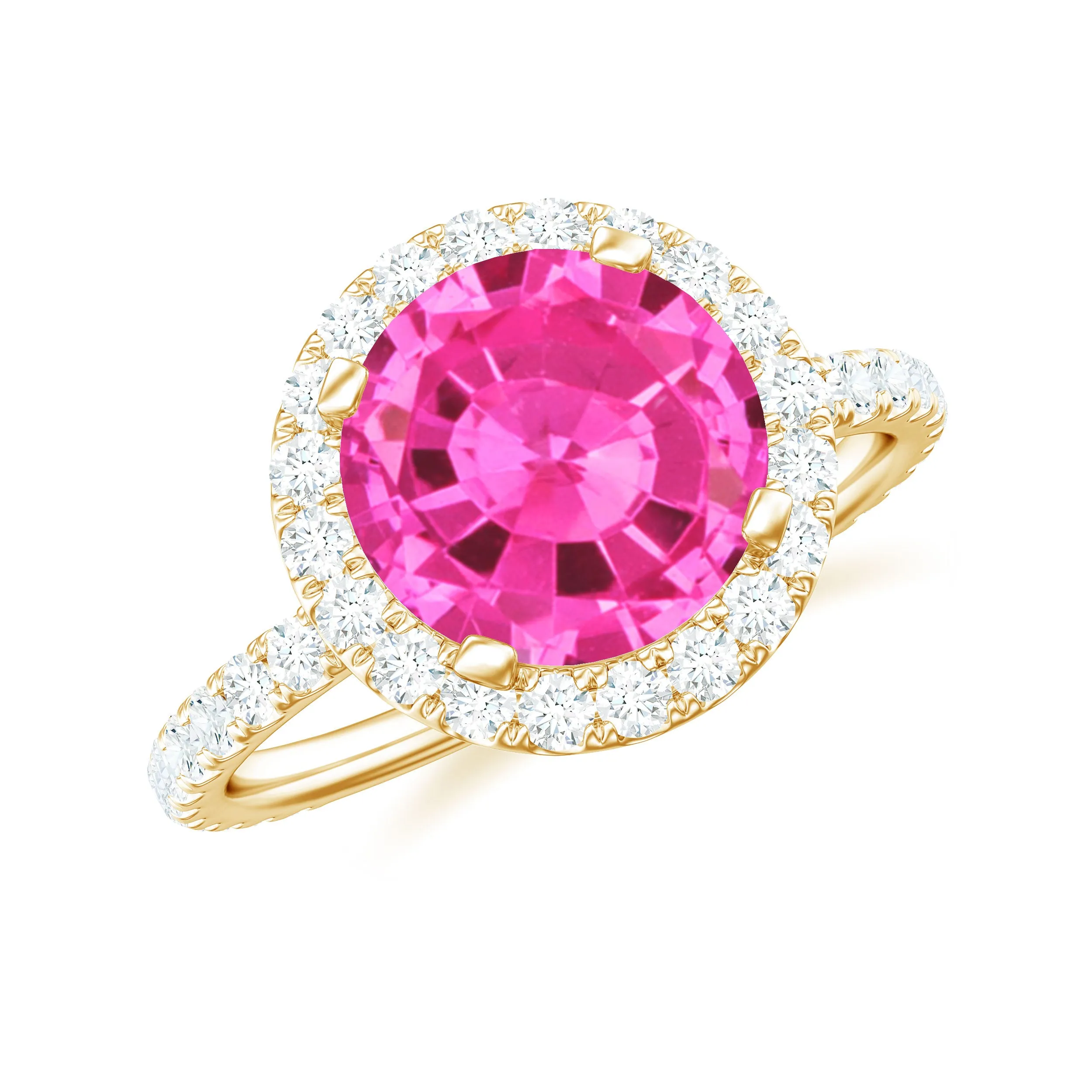 Round Lab Created Pink Sapphire Halo Engagement Ring with Diamond