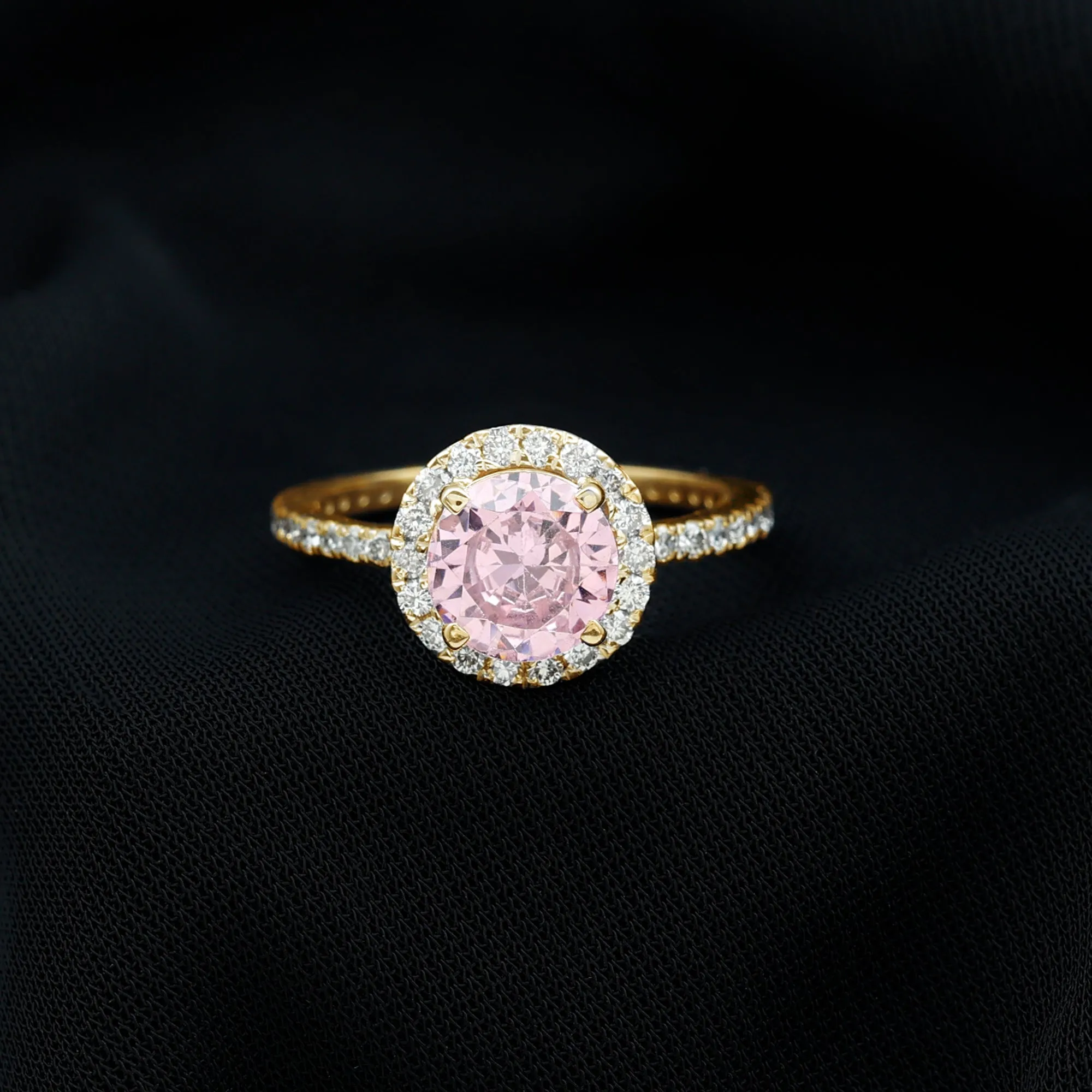 Round Lab Created Pink Sapphire Halo Engagement Ring with Diamond