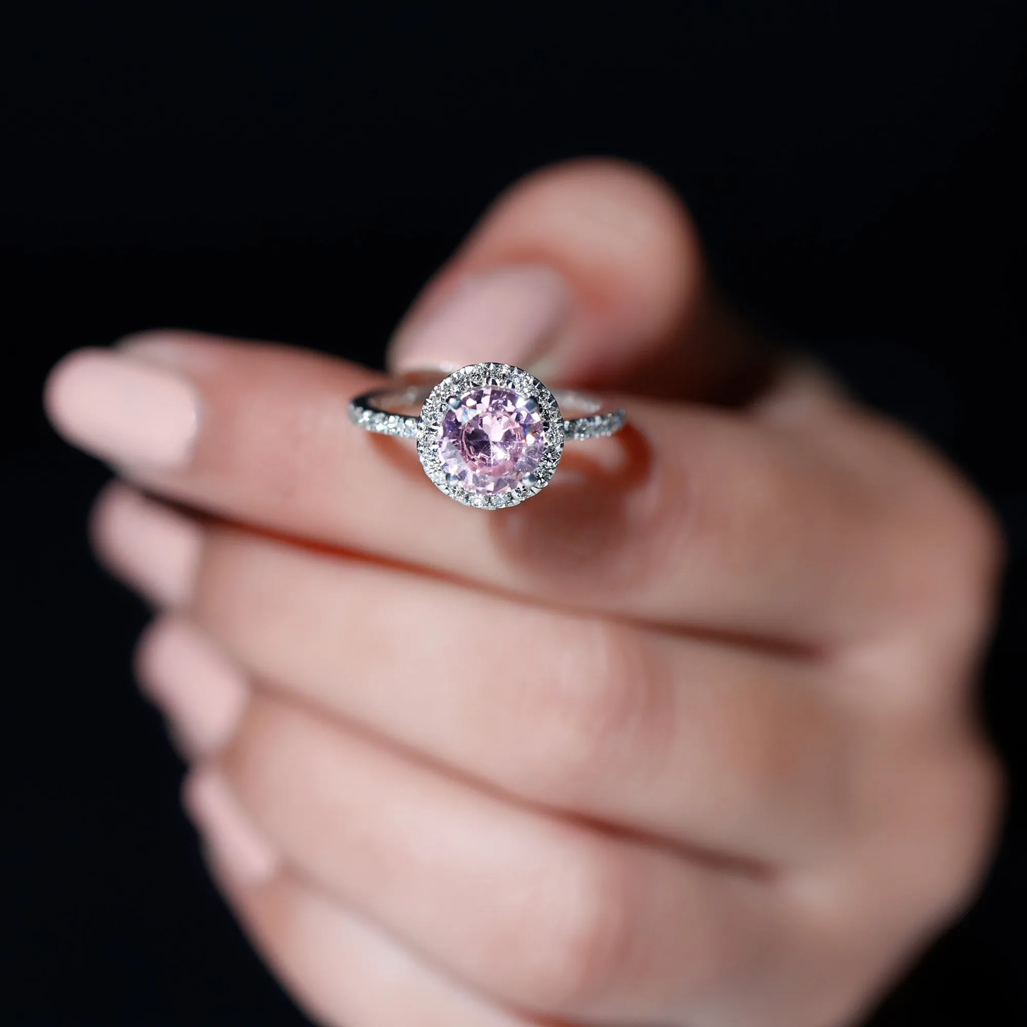 Round Lab Created Pink Sapphire Halo Engagement Ring with Diamond