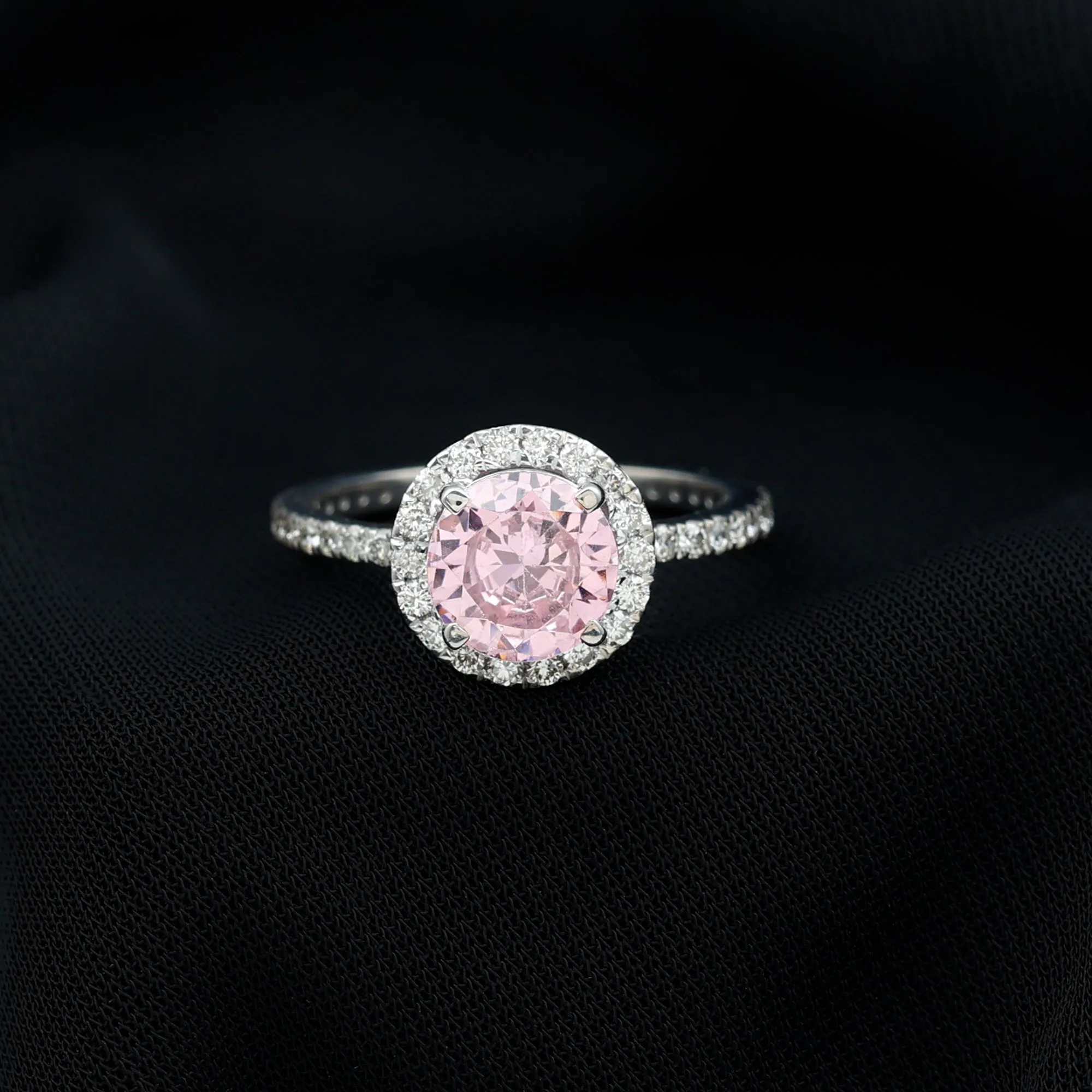 Round Lab Created Pink Sapphire Halo Engagement Ring with Diamond