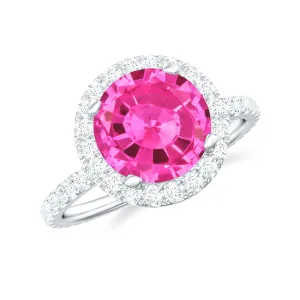 Round Lab Created Pink Sapphire Halo Engagement Ring with Diamond