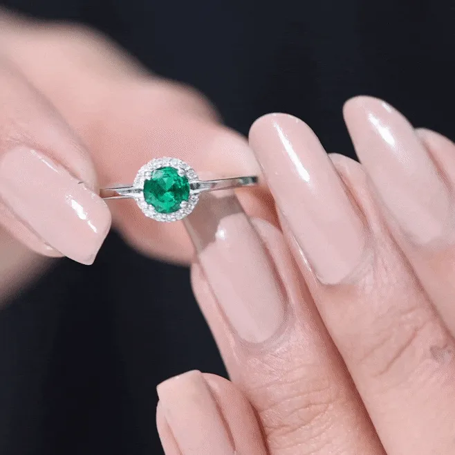 Round Lab Grown Emerald Halo Engagement Ring with Diamond