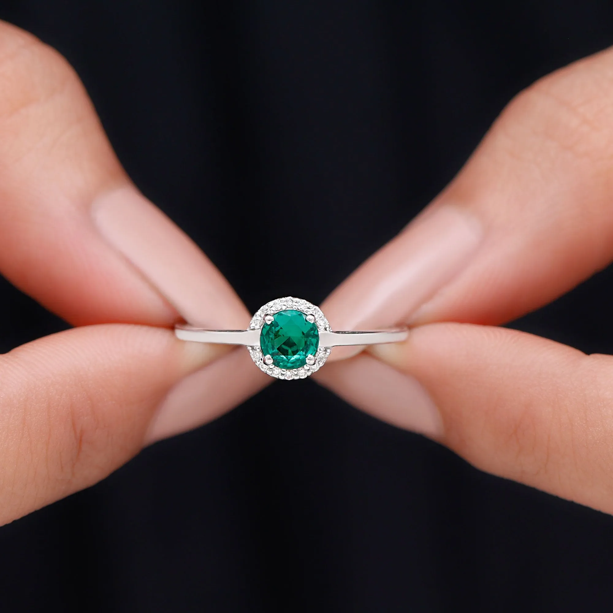 Round Lab Grown Emerald Halo Engagement Ring with Diamond